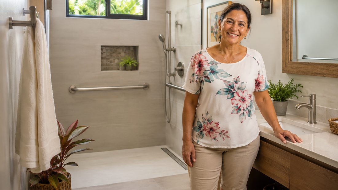 Propietaria sonriente en un baño accesible con barra de apoyo y ducha sin gradas de fácil acceso, remodelado por UnoTico™
