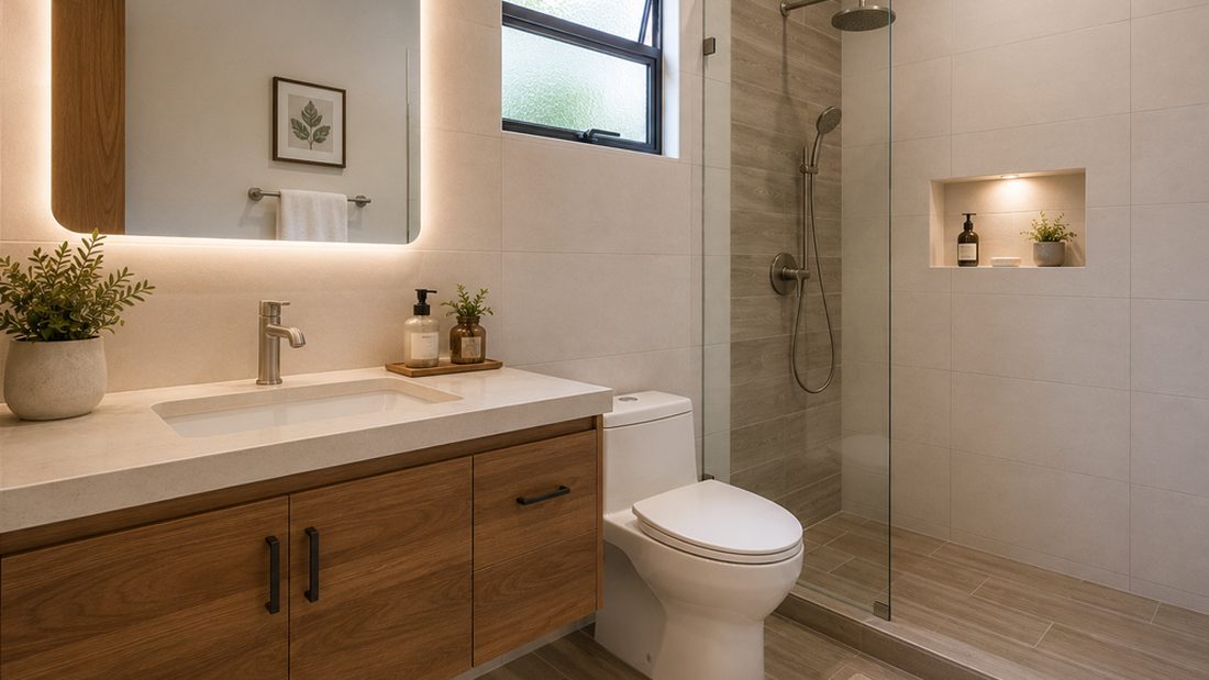 Baño remodelado por UnoTico™ con mueble de madera flotante, espejo retroiluminado y ducha con puerta de vidrio