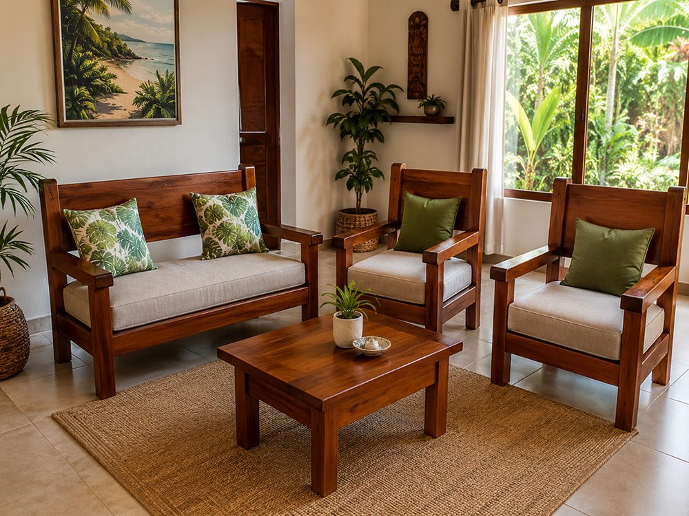 Juego de sala de madera maciza hecho a la medida por UnoTico™, con sofá, sillones y mesa de centro